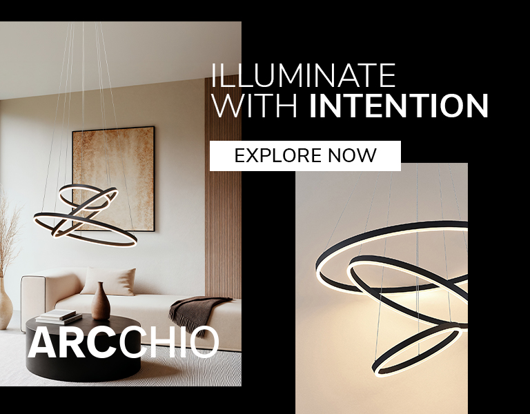 Modern Arcchio pendant light with sculptural ring design illuminating a minimalist living room, featuring text ‘Illuminate with Intention’ and ‘Explore Now’.