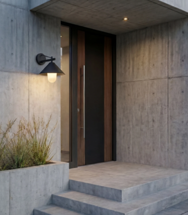 Candeeiro de parede exterior preto com luz quente junto a uma porta de entrada de madeira numa fachada de betão.