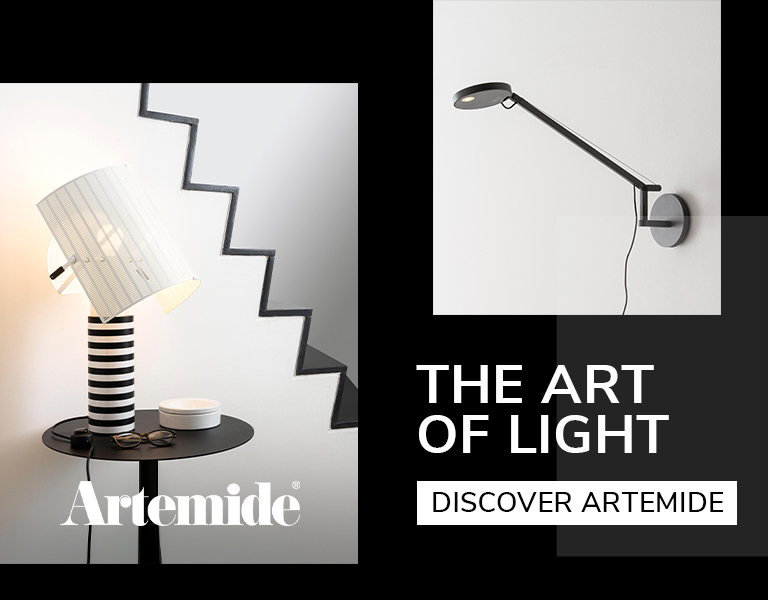 Contemporary Artemide lamps including a striped table lamp and a slim wall-mounted light, highlighting modern artistic lighting design.